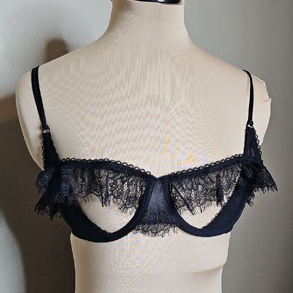 Adore Me 32D Black Lace Underwire Bra Open Cup Balconet Shelf Bra Lingerie - Picture 1 of 5